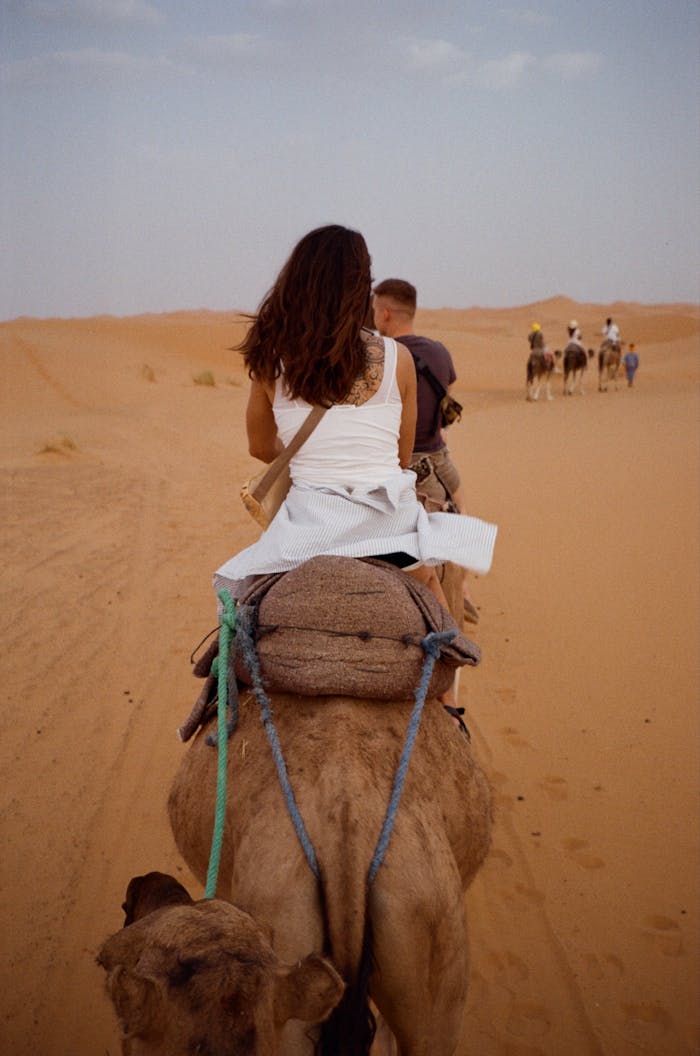 Two riders journey through the desert on camels, experiencing nomadic life.